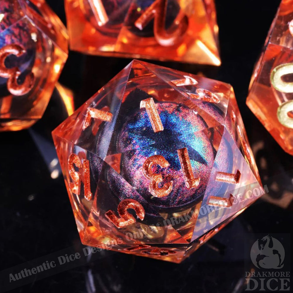 Dragon Eye Series - Orange Dragon 1st Edition: Handcrafted Resin TTRPG Dice Set - Drakmore Dice