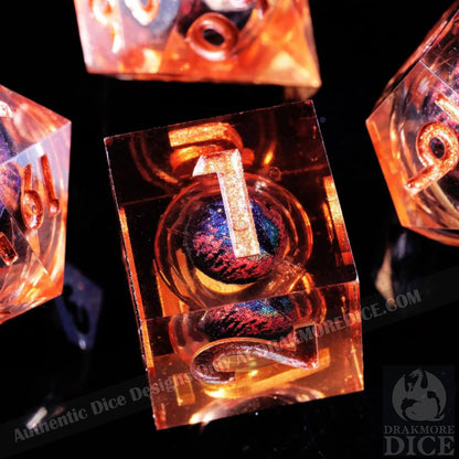 Dragon Eye Series - Orange Dragon 1st Edition: Handcrafted Resin TTRPG Dice Set - Drakmore Dice