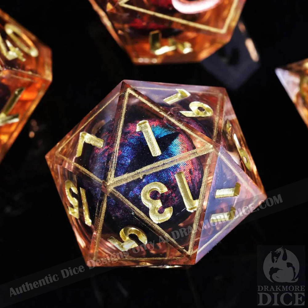 Dragon Eye Series - Orange Dragon 2nd Edition: Handcrafted Resin TTRPG Dice Set - Drakmore Dice