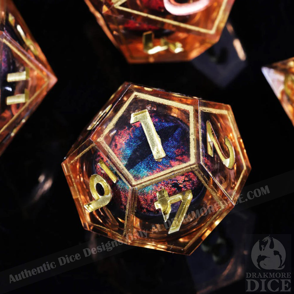 Dragon Eye Series - Orange Dragon 2nd Edition: Handcrafted Resin TTRPG Dice Set - Drakmore Dice