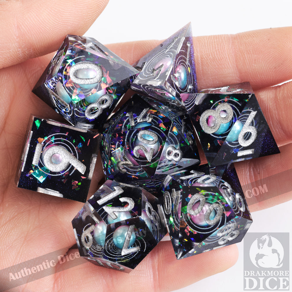 Cosmic Pearl: 3D Handcrafted Resin TTRPG Dice Set - Drakmore Dice