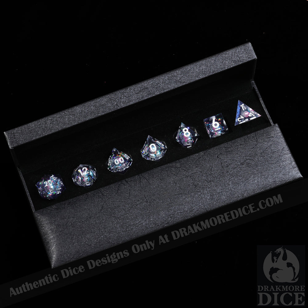 Cosmic Pearl: 3D Handcrafted Resin TTRPG Dice Set - Drakmore Dice