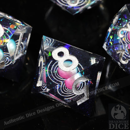 Cosmic Pearl: 3D Handcrafted Resin TTRPG Dice Set - Drakmore Dice