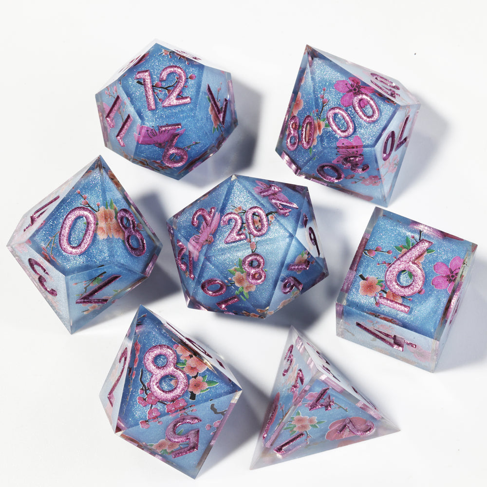 Sapphire Blossoms: Handcrafted Resin TTRPG Dice Set - Drakmore Dice