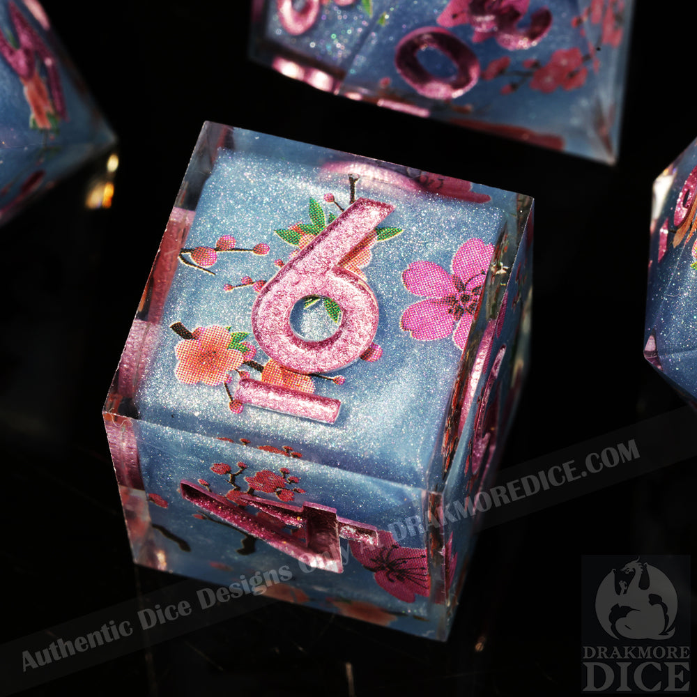 Sapphire Blossoms: Handcrafted Resin TTRPG Dice Set - Drakmore Dice