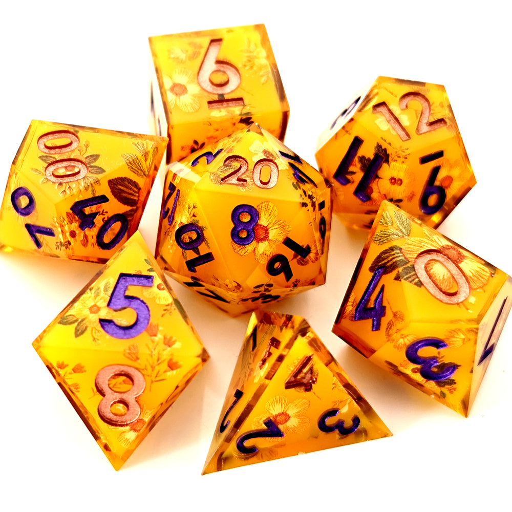 Honey Blossom Delight: Handcrafted Resin TTRPG Dice Set - Drakmore Dice