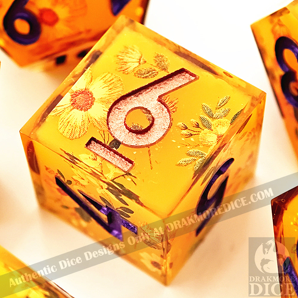 Honey Blossom Delight: Handcrafted Resin TTRPG Dice Set - Drakmore Dice