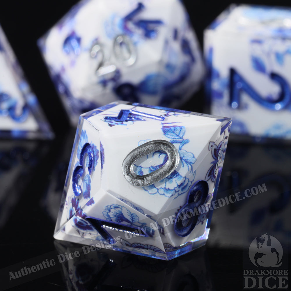 Porcelain Bloom: Handcrafted Resin TTRPG Dice Set - Drakmore Dice