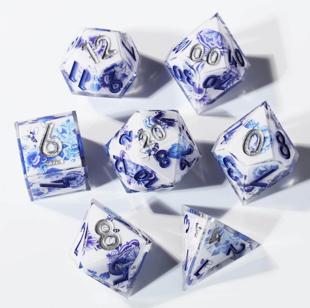 Porcelain Bloom: Handcrafted Resin TTRPG Dice Set - Drakmore Dice