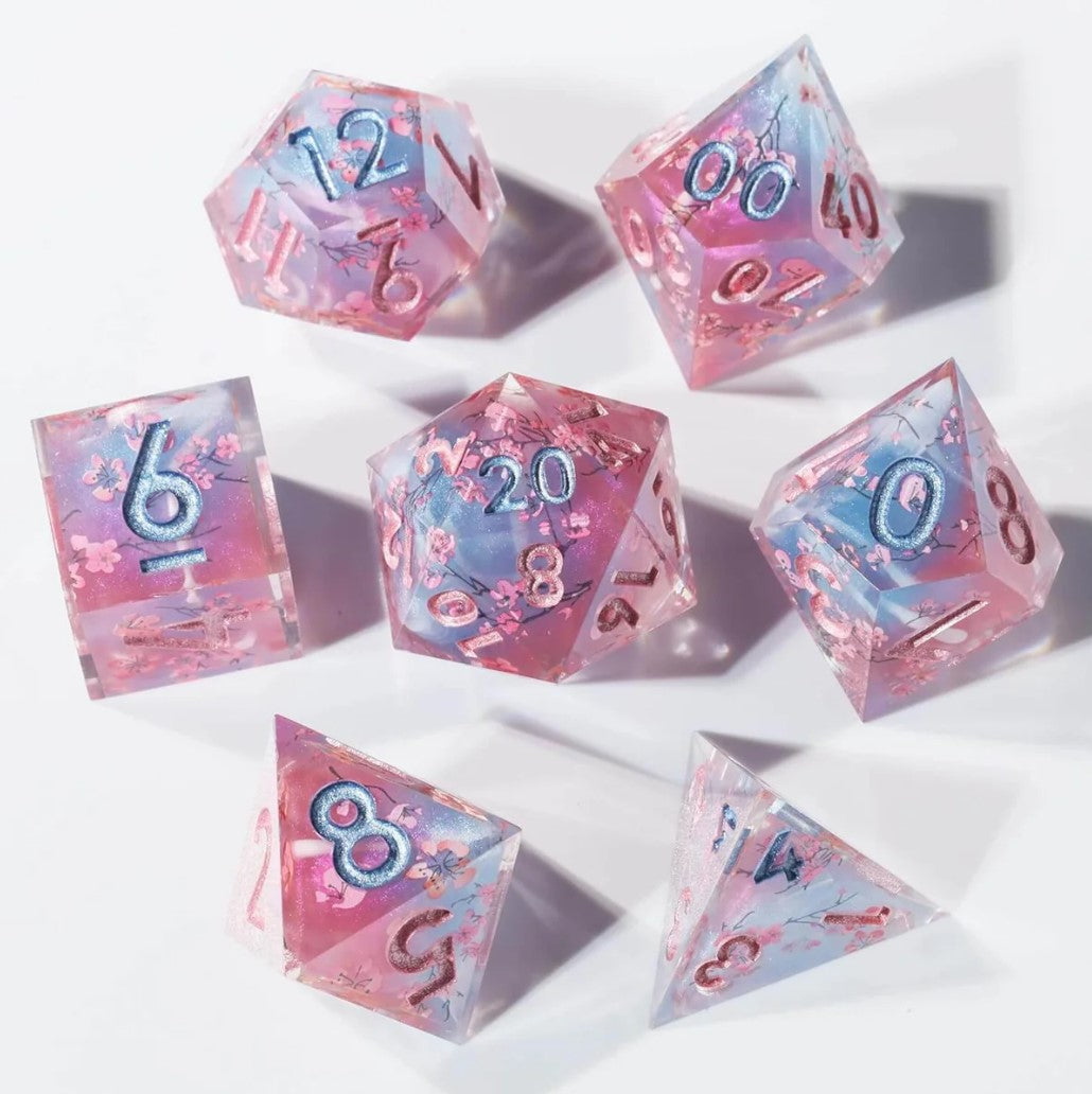 Cherry Blossom Whispers: Handcrafted Resin TTRPG Dice Set - Drakmore Dice