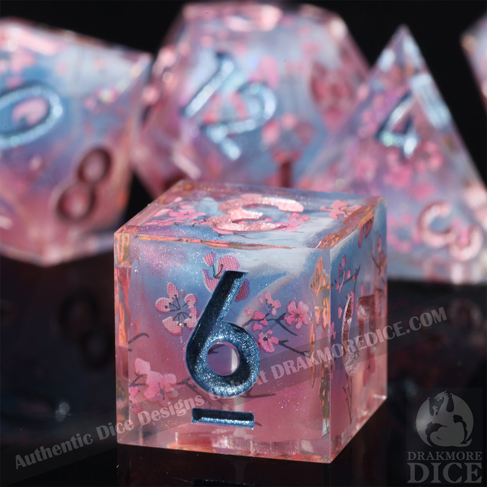 Cherry Blossom Whispers: Handcrafted Resin TTRPG Dice Set - Drakmore Dice