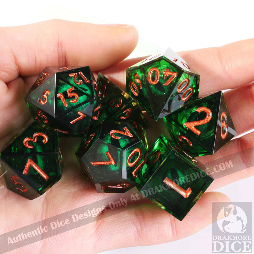 Dragon Eye Series - Green Dragon 2nd Edition: Handcrafted Resin TTRPG Dice Set - Drakmore Dice