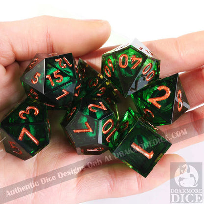 Dragon Eye Series - Green Dragon 2nd Edition: Handcrafted Resin TTRPG Dice Set - Drakmore Dice