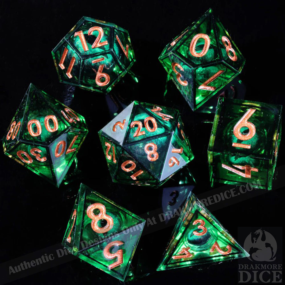 Dragon Eye Series - Green Dragon 2nd Edition: Handcrafted Resin TTRPG Dice Set - Drakmore Dice