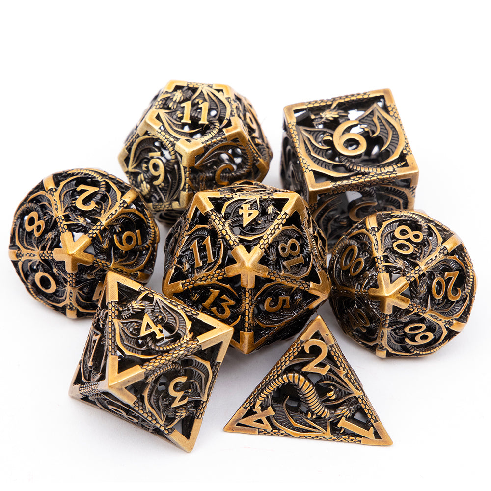 Wings of the Wyrm - Gold Edition: Premium Hollow Metal TTRPG Dice Set - Drakmore Dice