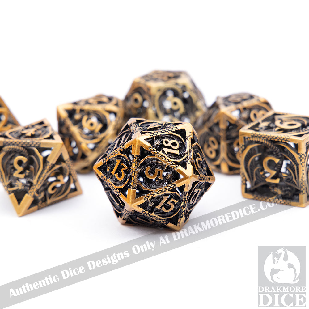 Wings of the Wyrm - Gold Edition: Premium Hollow Metal TTRPG Dice Set - Drakmore Dice