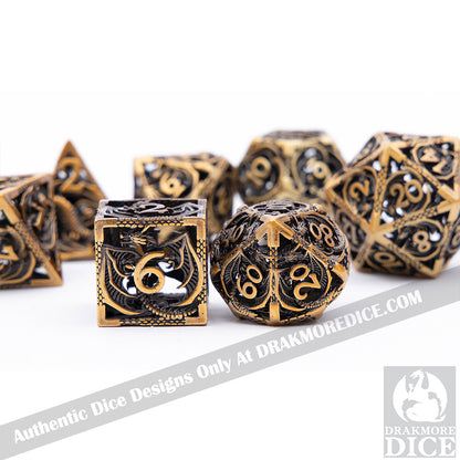 Wings of the Wyrm - Gold Edition: Premium Hollow Metal TTRPG Dice Set - Drakmore Dice