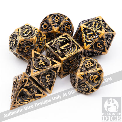 Wings of the Wyrm - Gold Edition: Premium Hollow Metal TTRPG Dice Set - Drakmore Dice