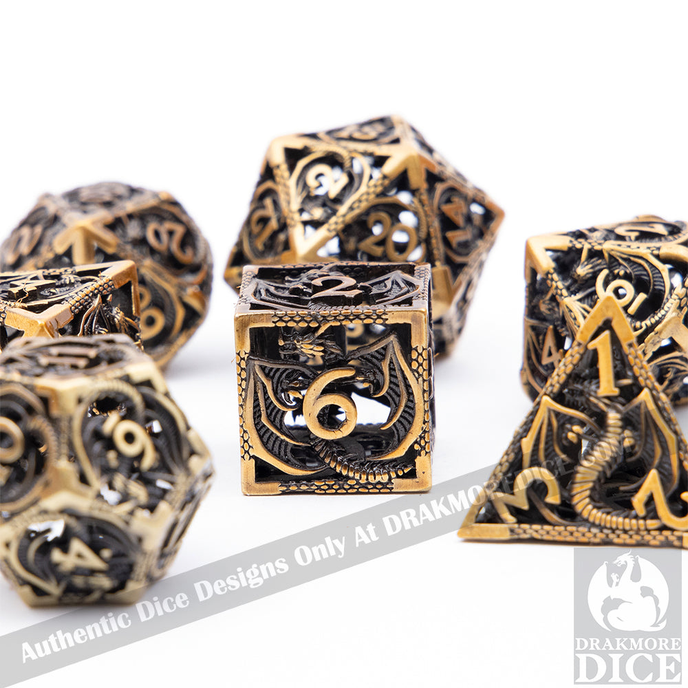 Wings of the Wyrm - Gold Edition: Premium Hollow Metal TTRPG Dice Set - Drakmore Dice