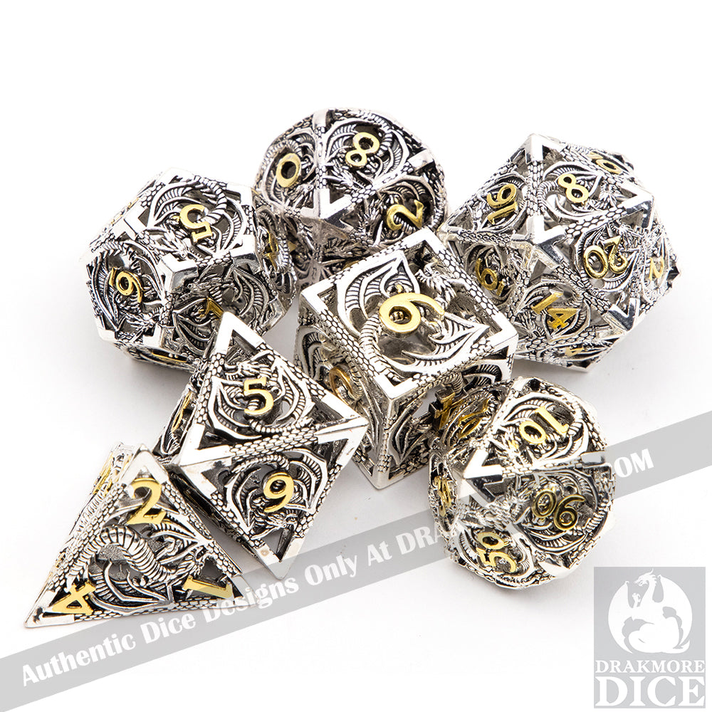 Wings of the Wyrm - Silver Edition: Premium Hollow Metal TTRPG Dice Set - Drakmore Dice