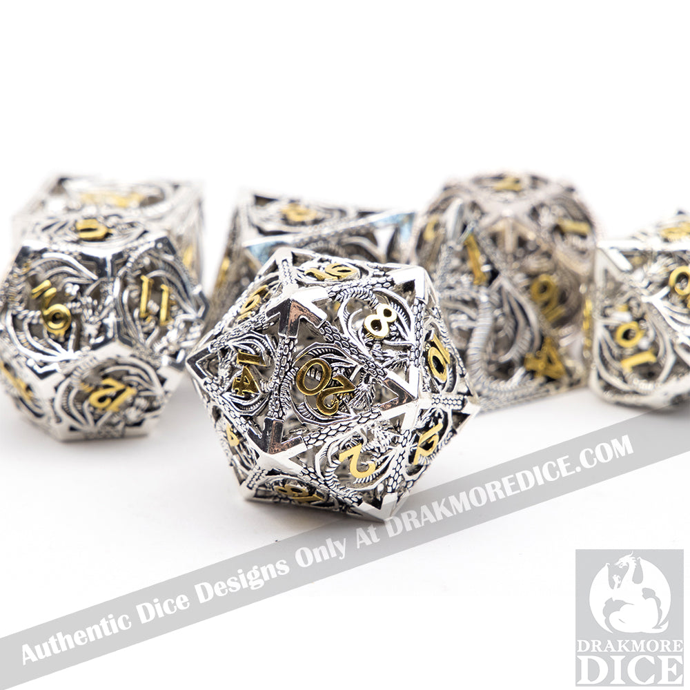 Wings of the Wyrm - Silver Edition: Premium Hollow Metal TTRPG Dice Set - Drakmore Dice