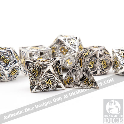 Wings of the Wyrm - Silver Edition: Premium Hollow Metal TTRPG Dice Set - Drakmore Dice