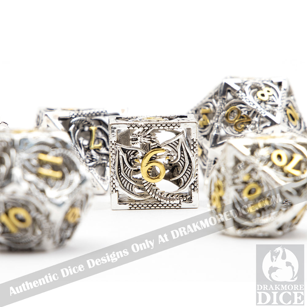 Wings of the Wyrm - Silver Edition: Premium Hollow Metal TTRPG Dice Set - Drakmore Dice