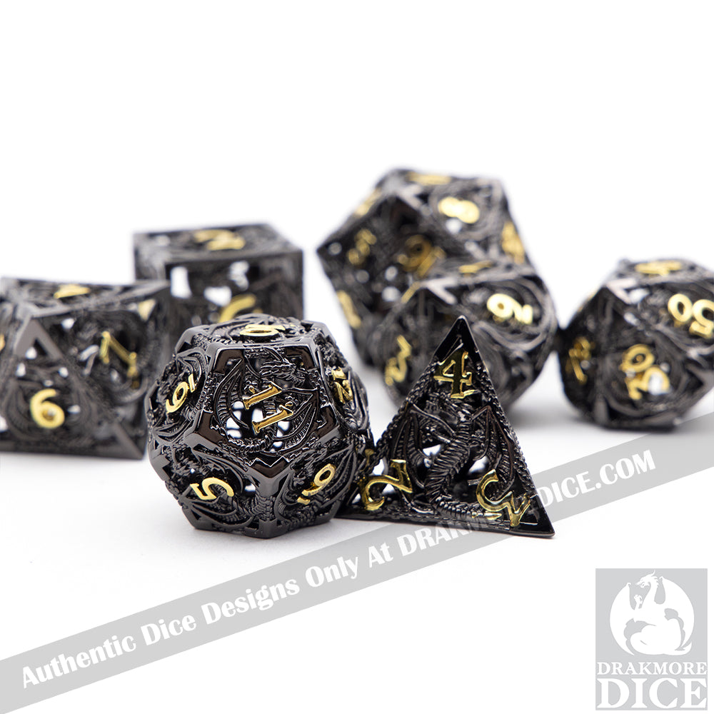 Wings of the Wyrm - Black Dragon Edition: Premium Hollow Metal TTRPG Dice Set - Drakmore Dice