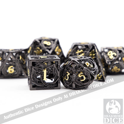 Wings of the Wyrm - Black Dragon Edition: Premium Hollow Metal TTRPG Dice Set - Drakmore Dice