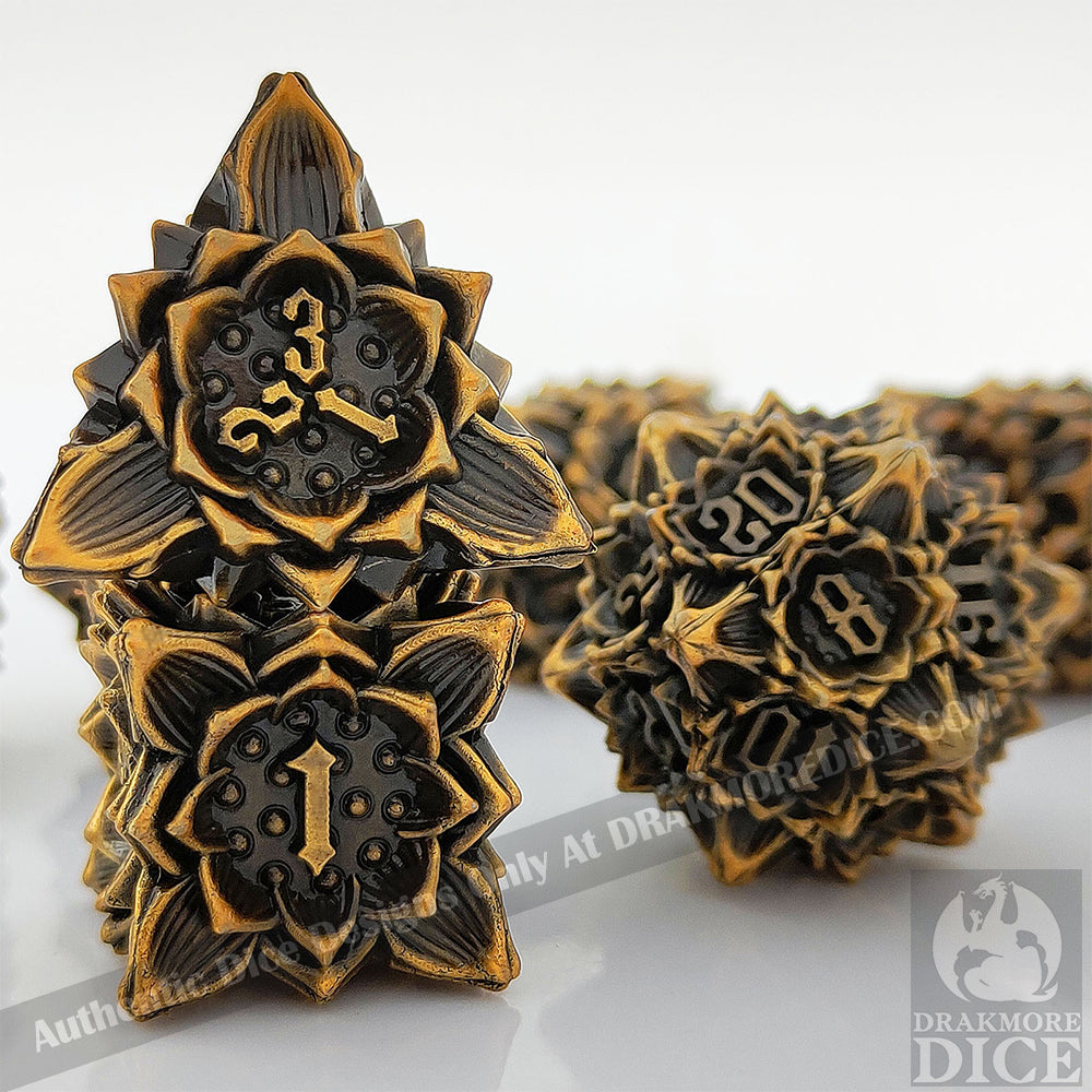 Iron Blossoms - Gold Edition: Premium Metal TTRPG Dice Set - Drakmore Dice