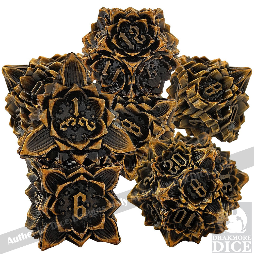 Iron Blossoms - Gold Edition: Premium Metal TTRPG Dice Set - Drakmore Dice