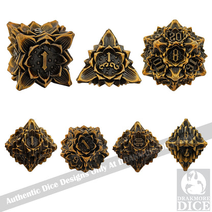 Iron Blossoms - Gold Edition: Premium Metal TTRPG Dice Set - Drakmore Dice