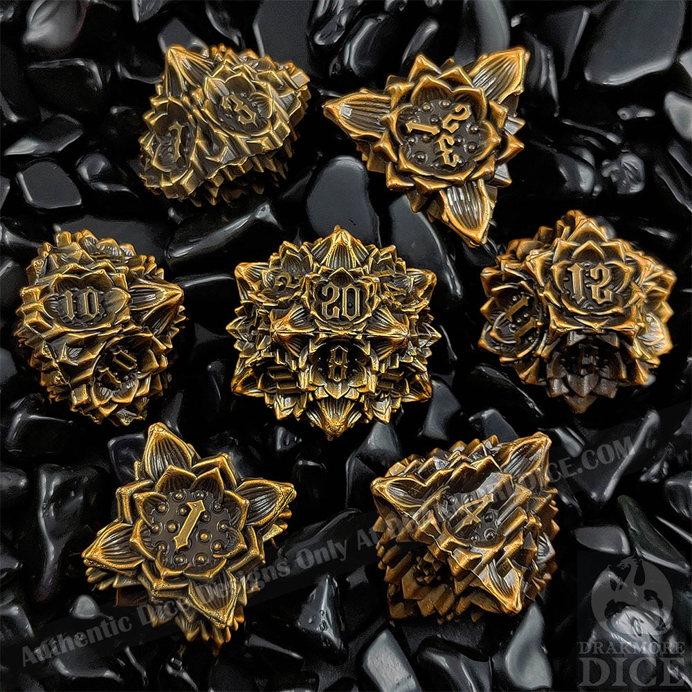 Iron Blossoms - Gold Edition: Premium Metal TTRPG Dice Set - Drakmore Dice