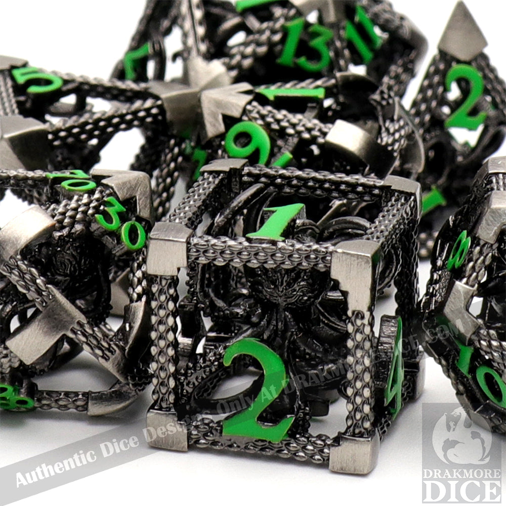 The Abyssal Wraith - Green Edition: Premium Hollow Metal TTRPG Dice Set - Drakmore Dice