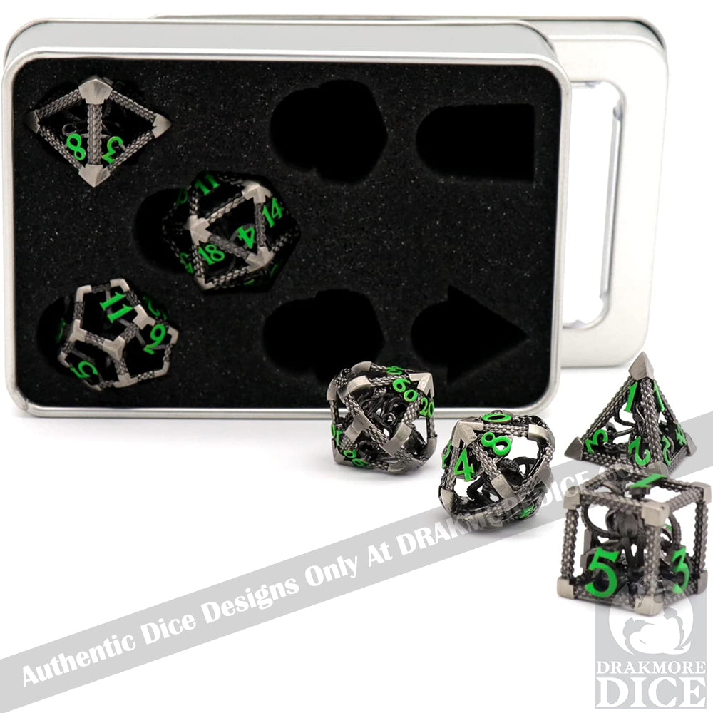 The Abyssal Wraith - Green Edition: Premium Hollow Metal TTRPG Dice Set - Drakmore Dice