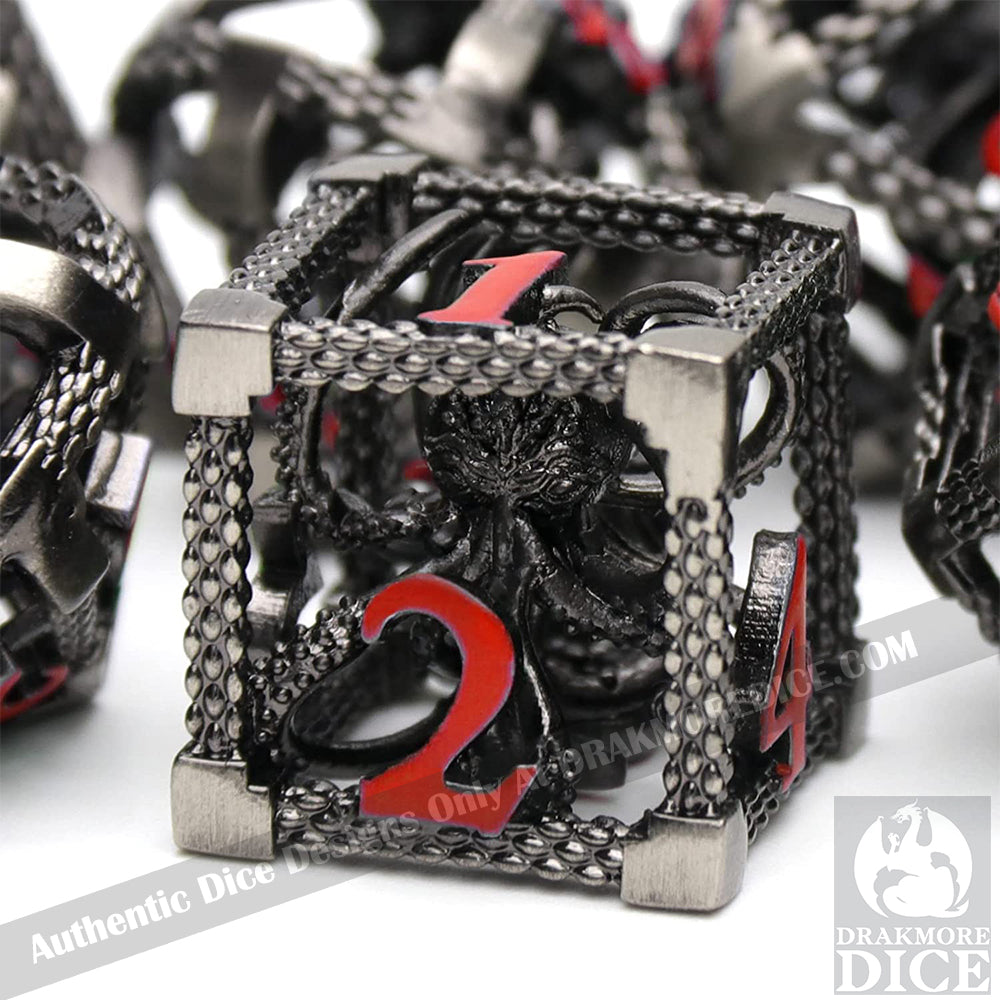 The Abyssal Wraith - Red Edition: Premium Hollow Metal TTRPG Dice Set - Drakmore Dice