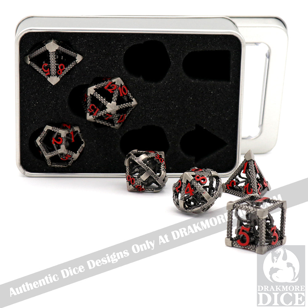 The Abyssal Wraith - Red Edition: Premium Hollow Metal TTRPG Dice Set - Drakmore Dice