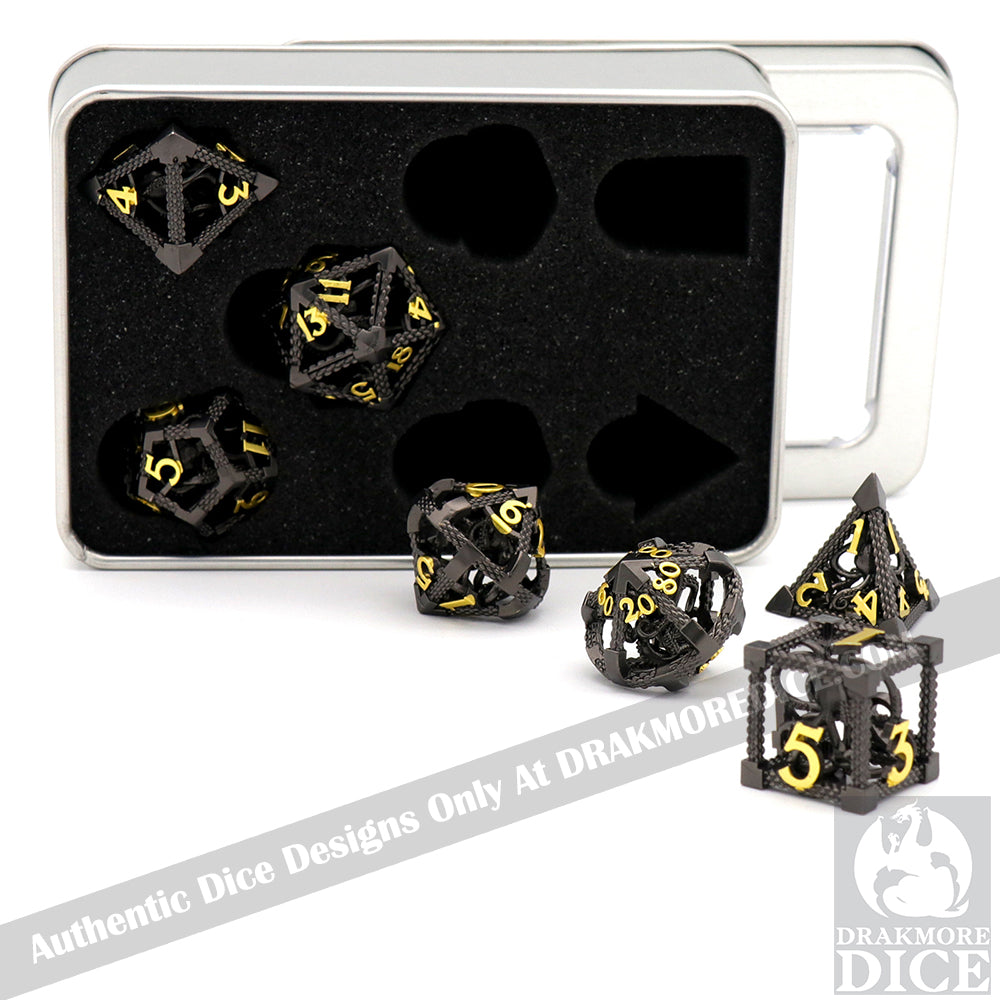 The Abyssal Wraith - Black Gold Edition: Premium Hollow Metal TTRPG Dice Set - Drakmore Dice