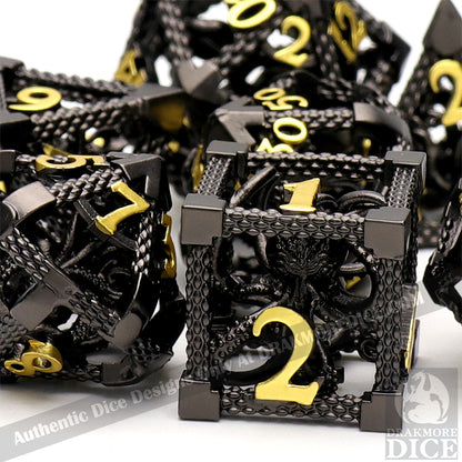 The Abyssal Wraith - Black Gold Edition: Premium Hollow Metal TTRPG Dice Set - Drakmore Dice