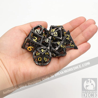 The Abyssal Wraith - Black Gold Edition: Premium Hollow Metal TTRPG Dice Set - Drakmore Dice