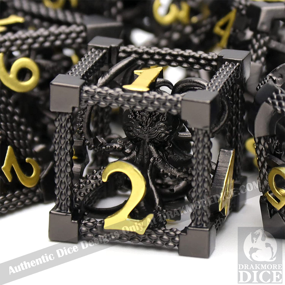 The Abyssal Wraith - Black Gold Edition: Premium Hollow Metal TTRPG Dice Set - Drakmore Dice