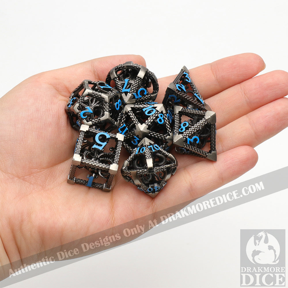 The Abyssal Wraith - Blue Edition: Premium Hollow Metal TTRPG Dice Set - Drakmore Dice