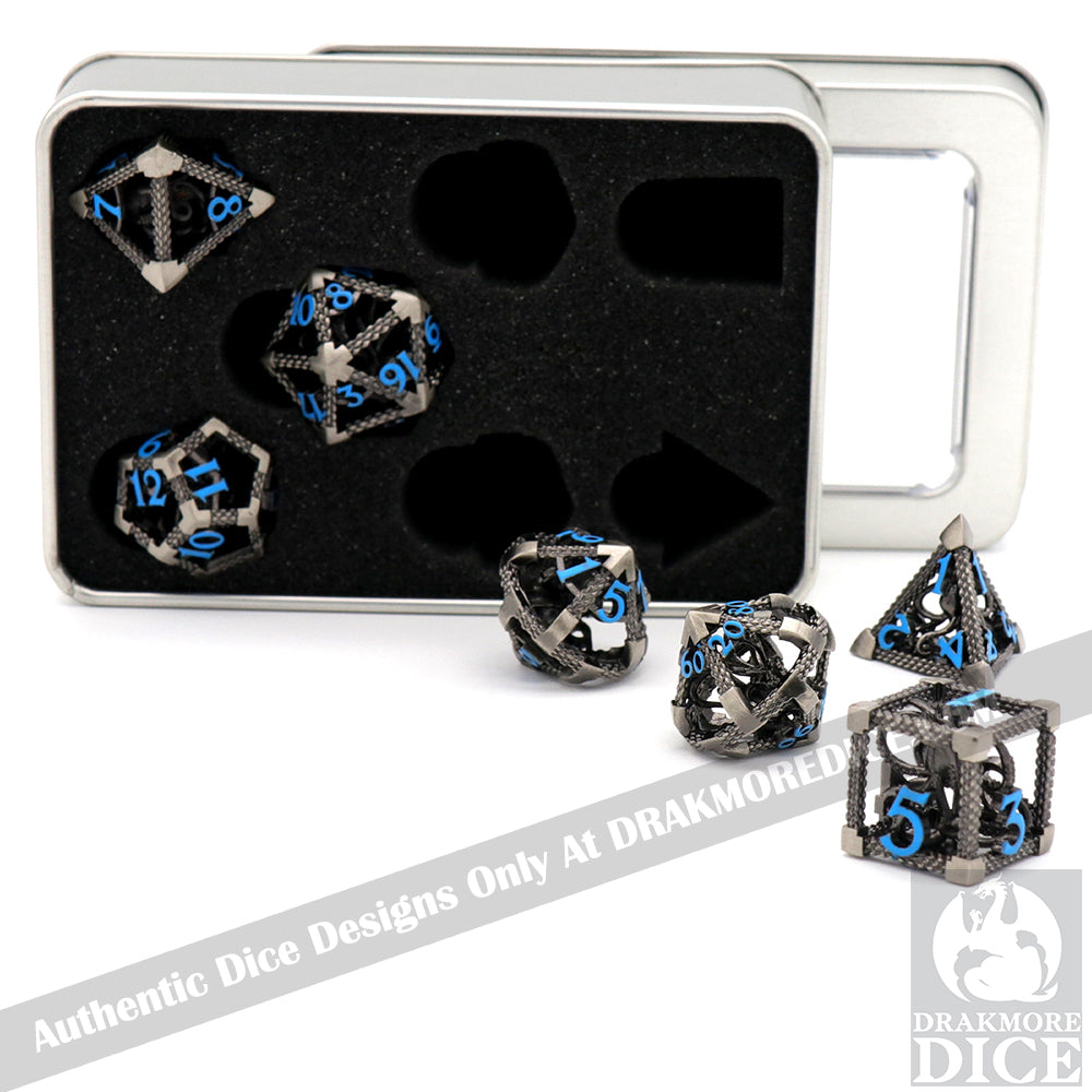 The Abyssal Wraith - Blue Edition: Premium Hollow Metal TTRPG Dice Set - Drakmore Dice