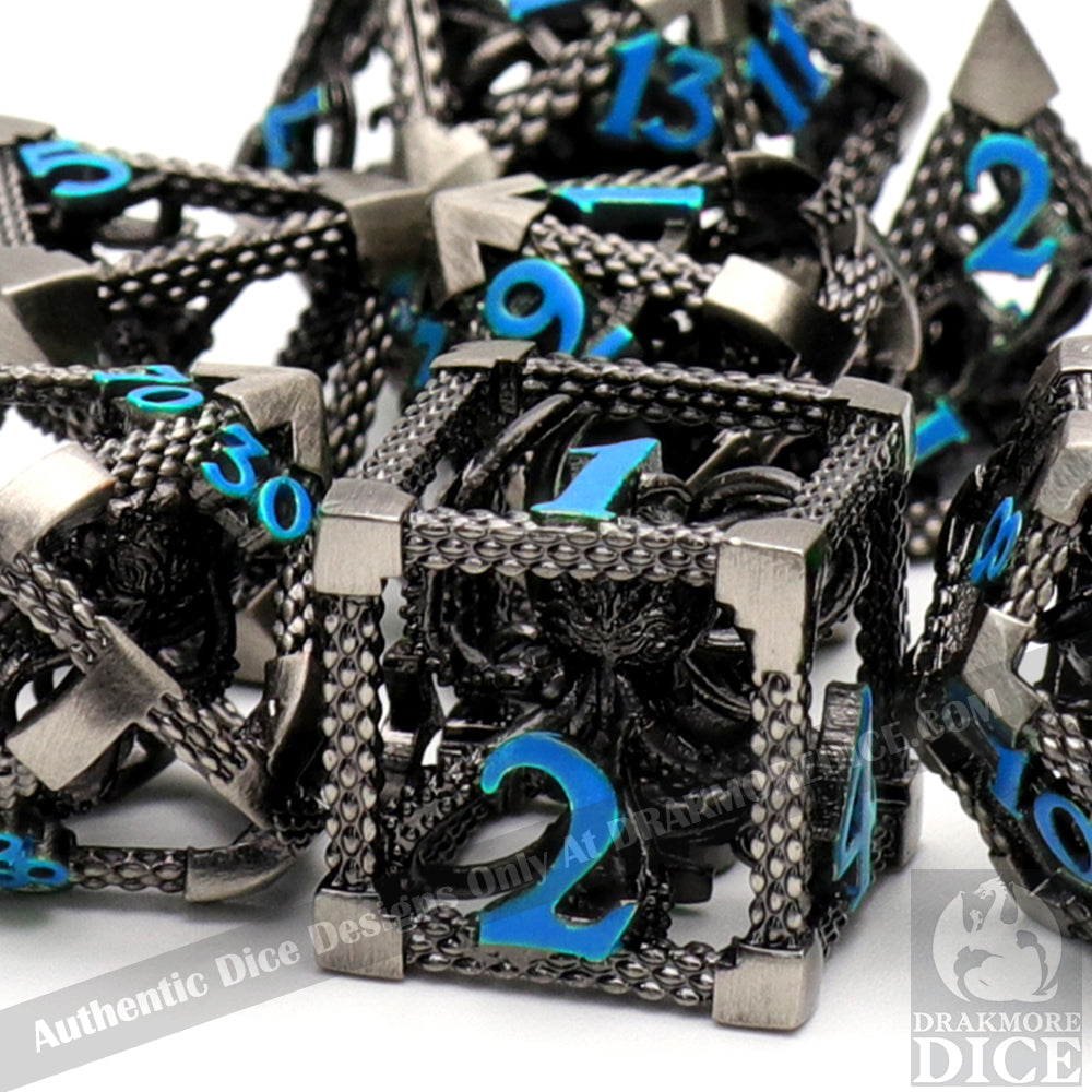 The Abyssal Wraith - Blue Edition: Premium Hollow Metal TTRPG Dice Set - Drakmore Dice