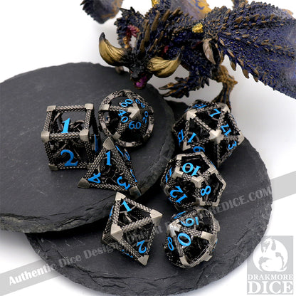 The Abyssal Wraith - Blue Edition: Premium Hollow Metal TTRPG Dice Set - Drakmore Dice