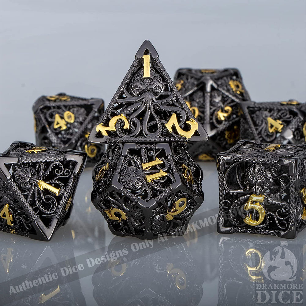 Wrath of the Kraken - Black Ink Edition: Premium Hollow Metal TTRPG Dice Set - Drakmore Dice