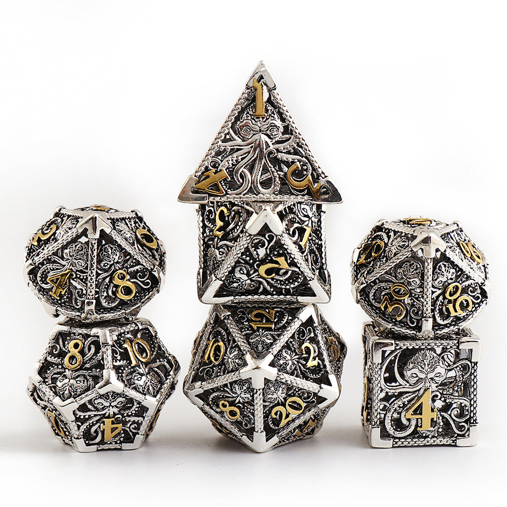 Wrath of the Kraken - Silver Edition: Premium Hollow Metal TTRPG Dice Set - Drakmore Dice