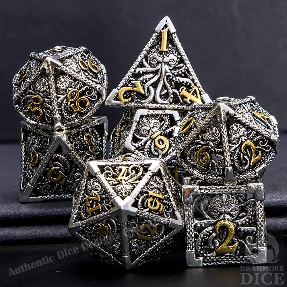 Wrath of the Kraken - Silver Edition: Premium Hollow Metal TTRPG Dice Set - Drakmore Dice