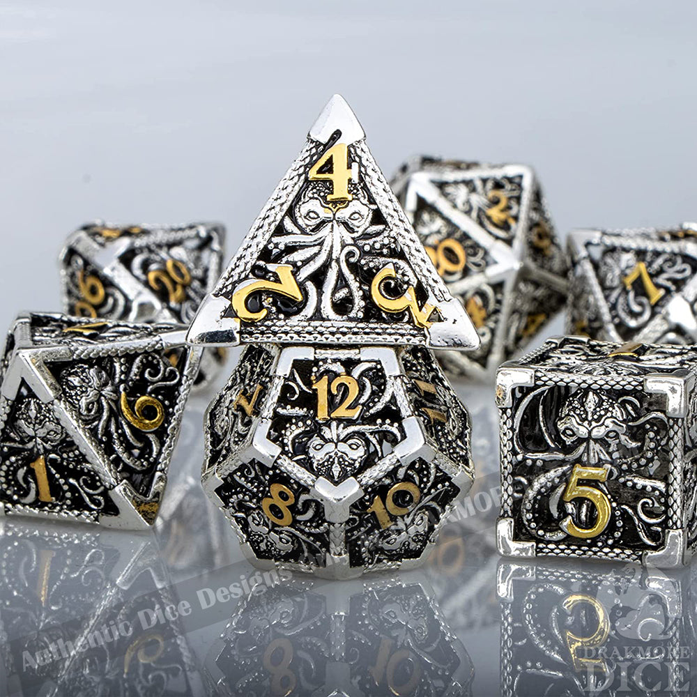 Wrath of the Kraken - Silver Edition: Premium Hollow Metal TTRPG Dice Set - Drakmore Dice