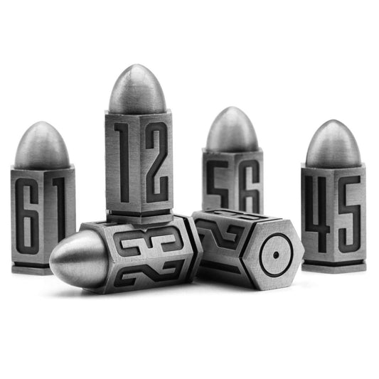 Tactical Precision D6: Silver Edition - 6-piece D6 Bullet Shaped Metal TTRPG Dice Set